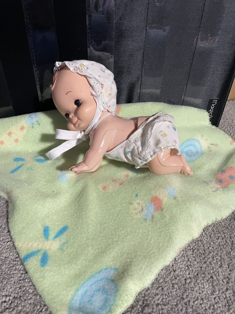 Vintage Crawling Baby Doll with Bonnet , Diaper and blanket Classic Collectible Toy