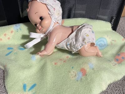 Vintage Crawling Baby Doll with Bonnet , Diaper and blanket Classic Collectible Toy