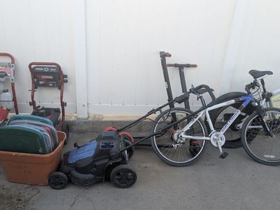 Broken pressure washers, e bike electric fat (stolen), bike, kobalt mower, bin lids, pallet, electric scooters (stolen) ,