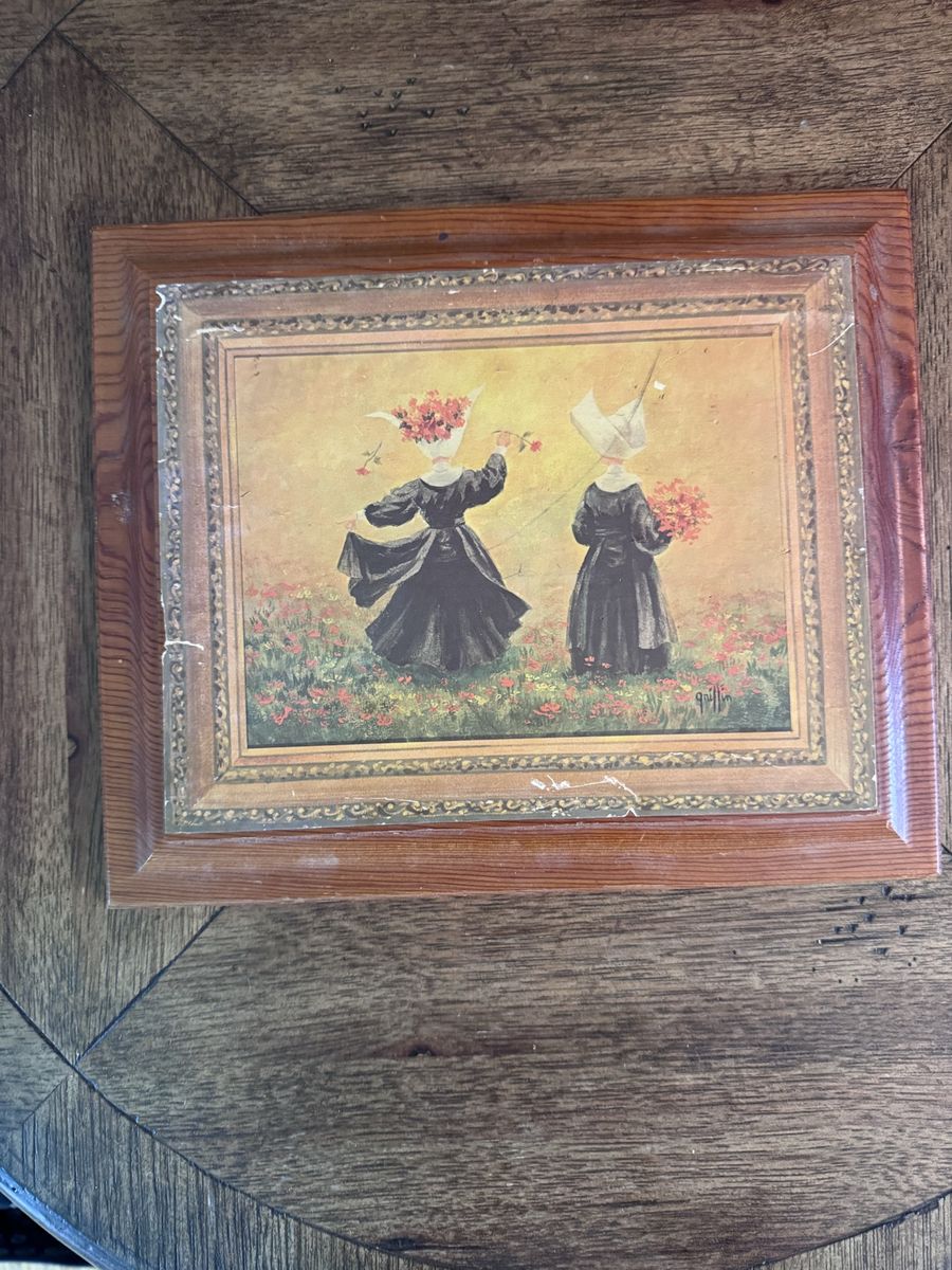 Vintage Framed Print Artwork Depicting Brittany Women in Traditional Costume by Griffin