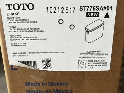 TOTO Drake Toilet Tank - Model ST776SA#01 Cotton White, 1.6 GPF