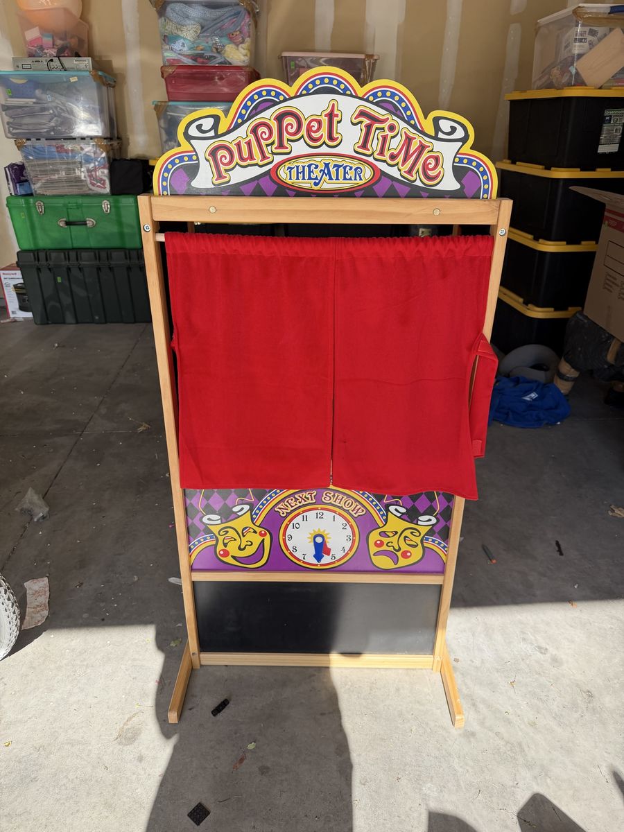 Puppet Time Theater Wooden Puppet Show Stage with Red Curtains and Chalkboard