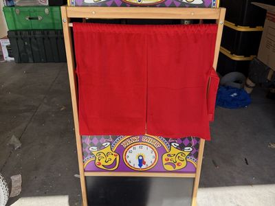 Puppet Time Theater Wooden Puppet Show Stage with Red Curtains and Chalkboard