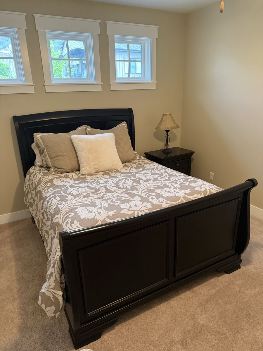 Moving Sale - Black solid wood Bedroom Set - Sleigh Bed (Queen), Nightstand, & Tall Dresser - Excellent Condition