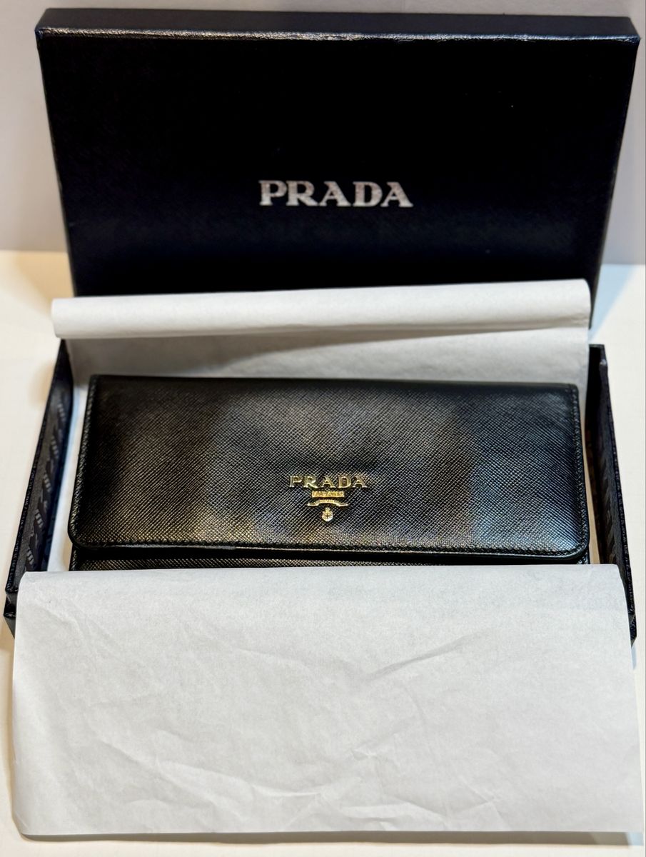 Prada Black Saffiano Leather Wallet Clutch w/COA