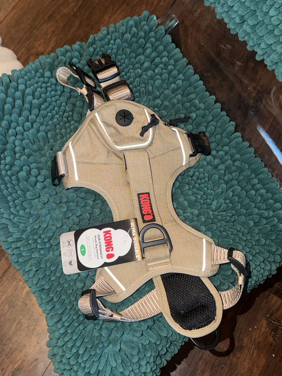 KONG Waste Bag Dog Harness - Tan, Large, Ultra Durable, Padded, Reflective Trim