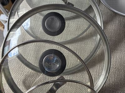 Brock Glass Pan Lids - Set of 4, Various Sizes, Clear with Stainless Steel Rims