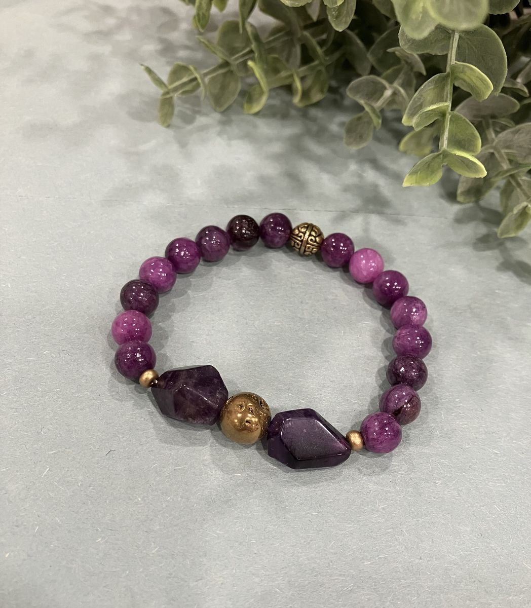 Amethyst & Brass Beaded Stretch Bracelet