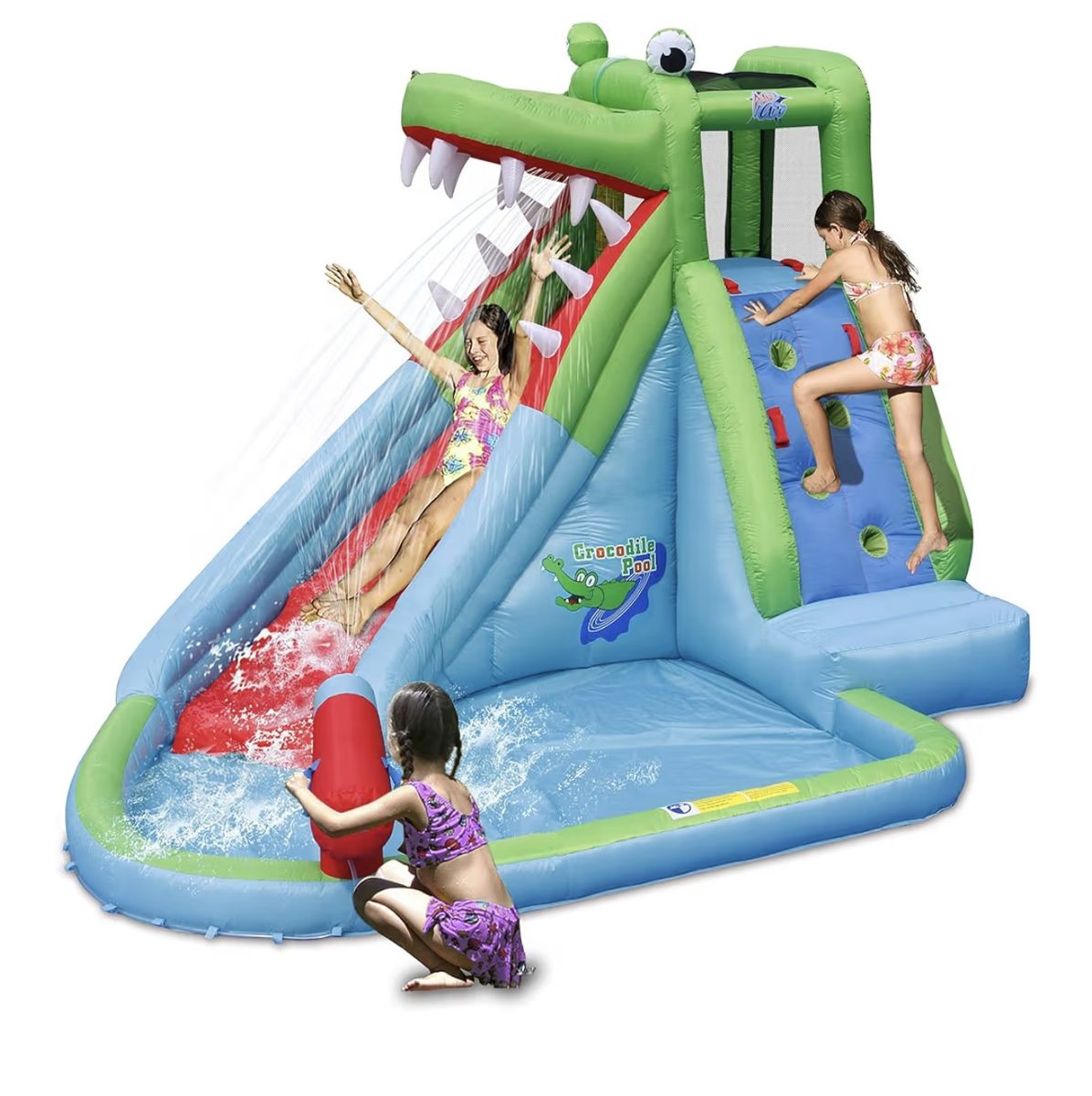 Crocodile Bounce House with Blower for Wet and Dry, Inflatable Water Pool with Spray and Slide