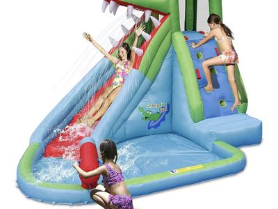 Crocodile Bounce House with Blower for Wet and Dry, Inflatable Water Pool with Spray and Slide