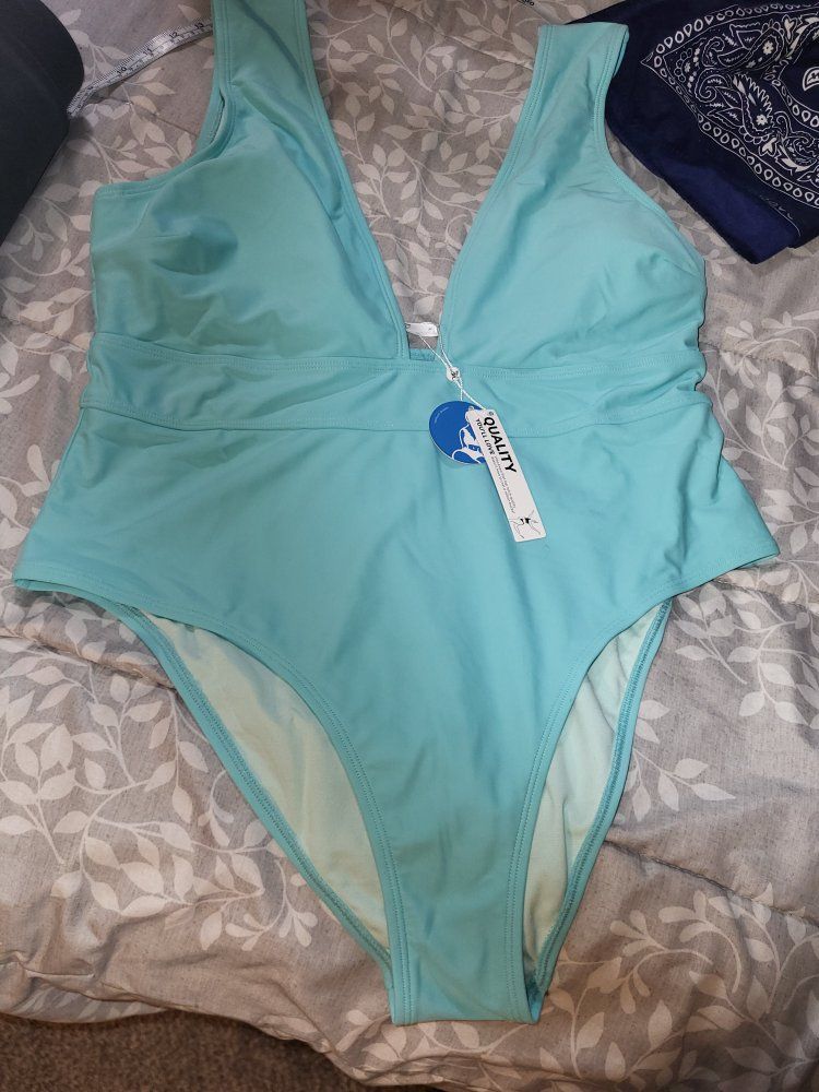New Aqua Blue One-Piece Swimsuit with Padded Support, V-Neck, and Modest Leg Cut - Quality Tag Still Attached