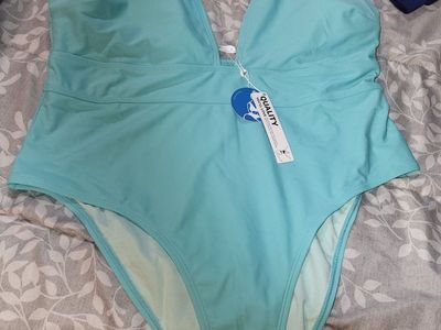 New Aqua Blue One-Piece Swimsuit with Padded Support, V-Neck, and Modest Leg Cut - Quality Tag Still Attached