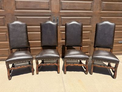 Set of 4 Genuine Leather Dining Chairs – Rustic Solid Wood