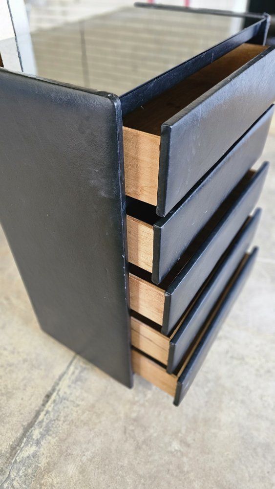 Vintage Black Leather & Wood 4-Drawer Dresser/Cabinet - MCM Style Storage