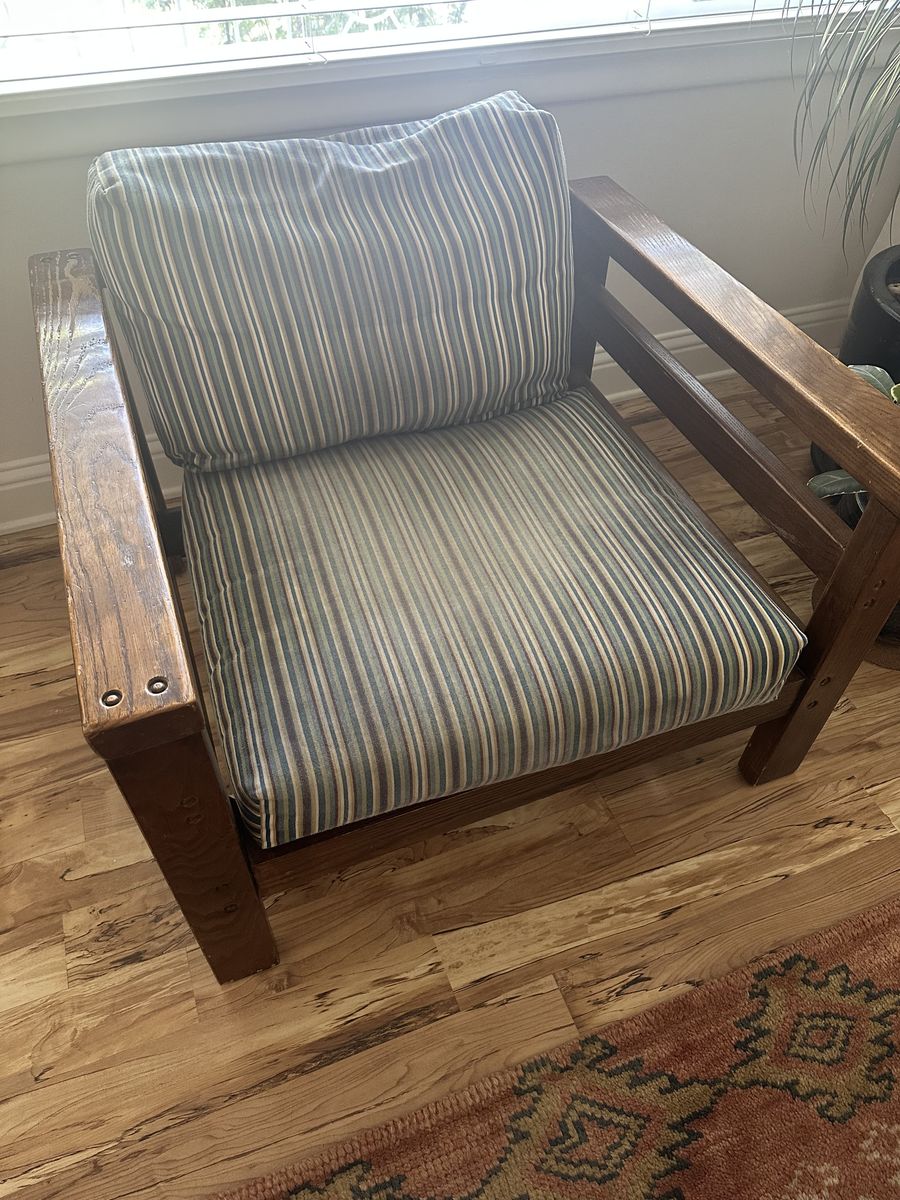 Rustic Wooden Frame Accent Armchair with Striped Cushions