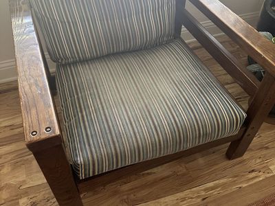 Rustic Wooden Frame Accent Armchair with Striped Cushions