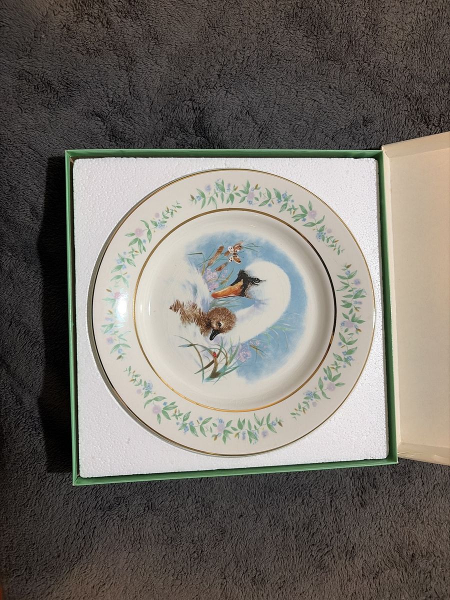 Decorative Plate with Duck and Bird Design, Gold Trim, Green Floral Border, Original Box Included