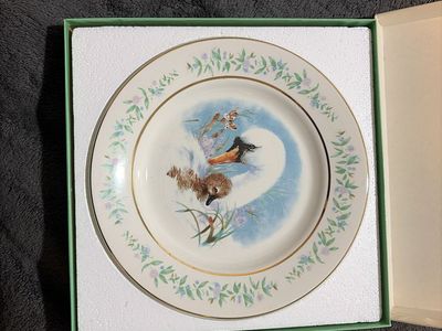 Decorative Plate with Duck and Bird Design, Gold Trim, Green Floral Border, Original Box Included