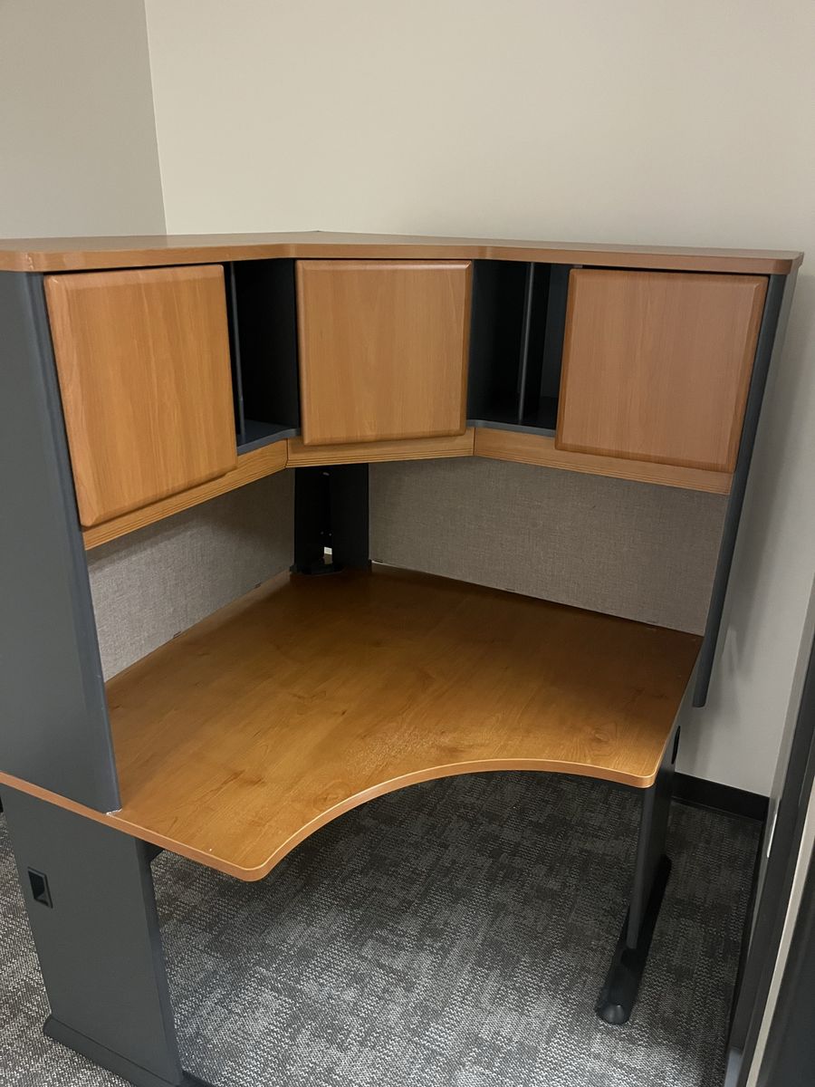 Corner Office Workstation Desk with Hutch and Filing Cabinets - Light Wood & Dark Gray