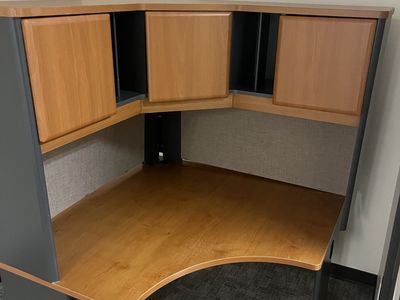 Corner Office Workstation Desk with Hutch and Filing Cabinets - Light Wood & Dark Gray