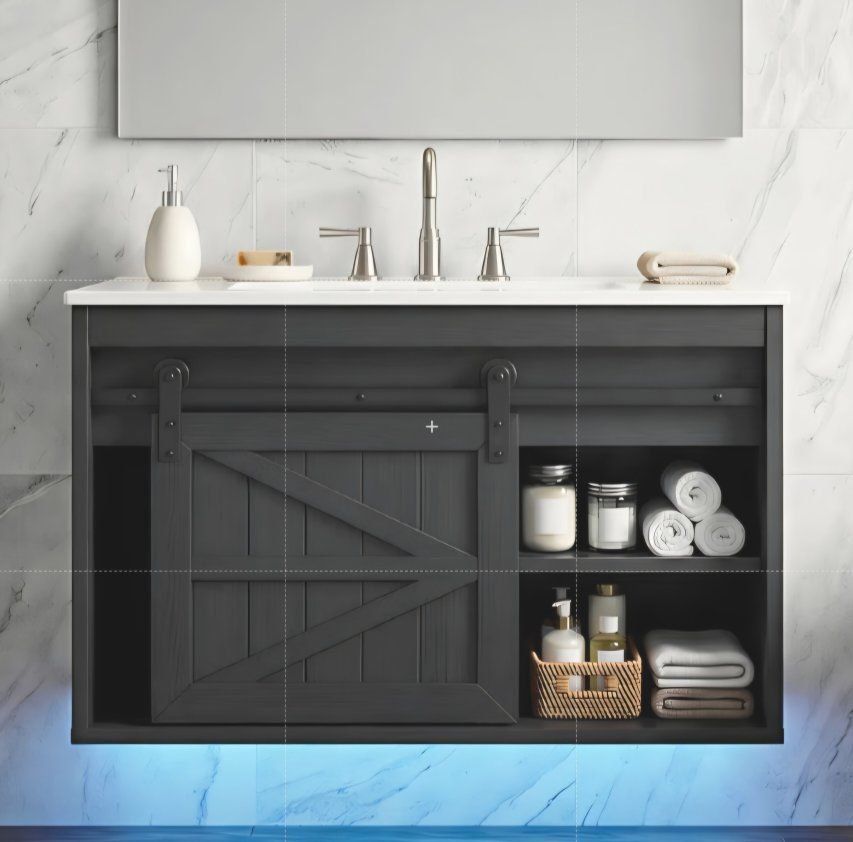 DWVO 24" LED Bathroom Vanity with Sink, Farmhouse Sliding Barn Door Bathroom Cabinet, Bathroom Vanities, Wall Mounted Floating C