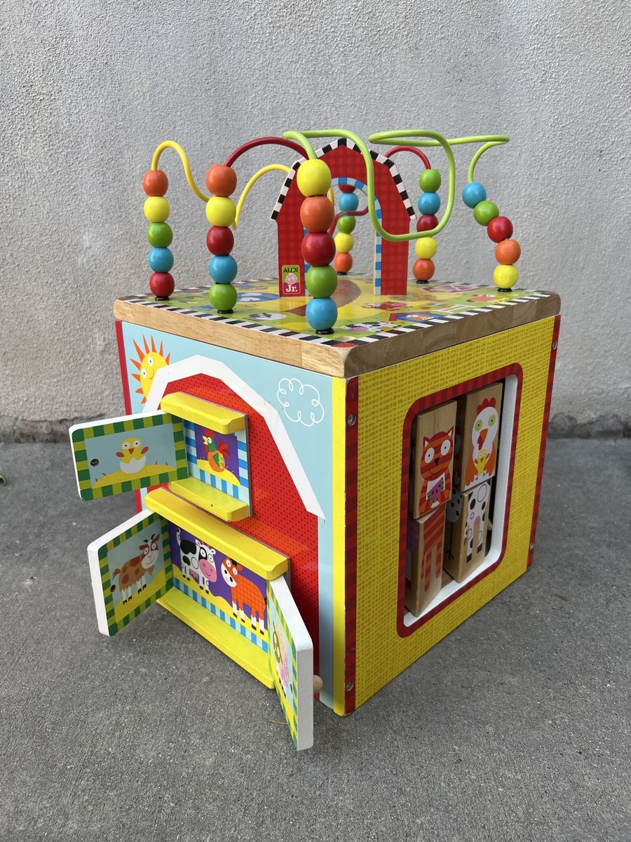 ALEX Jr. Wooden Activity Cube with Bead Maze, Animal Doors & Spinners - Educational Toddler Toy