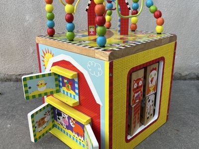 ALEX Jr. Wooden Activity Cube with Bead Maze, Animal Doors & Spinners - Educational Toddler Toy
