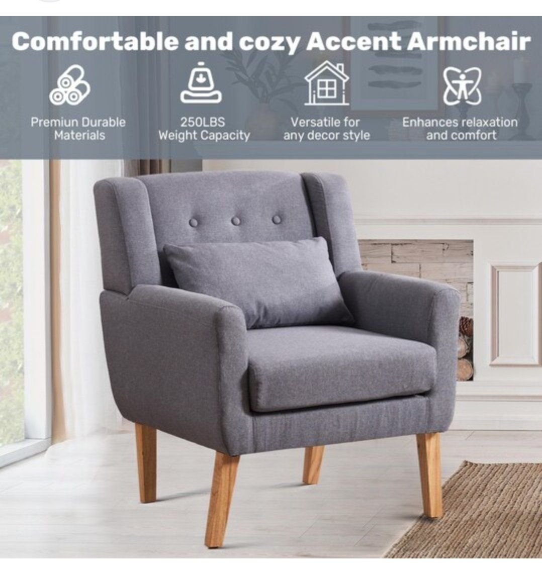 Modern Gray Fabric Accent Armchair with Wooden Legs and Lumbar Pillow