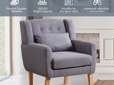 Modern Gray Fabric Accent Armchair with Wooden Legs and Lumbar Pillow