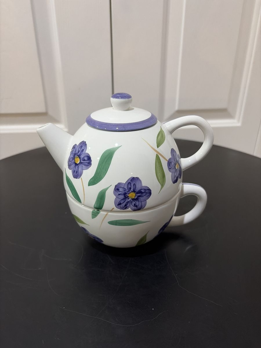 Teapot With Cup Underneath (purple & Green)