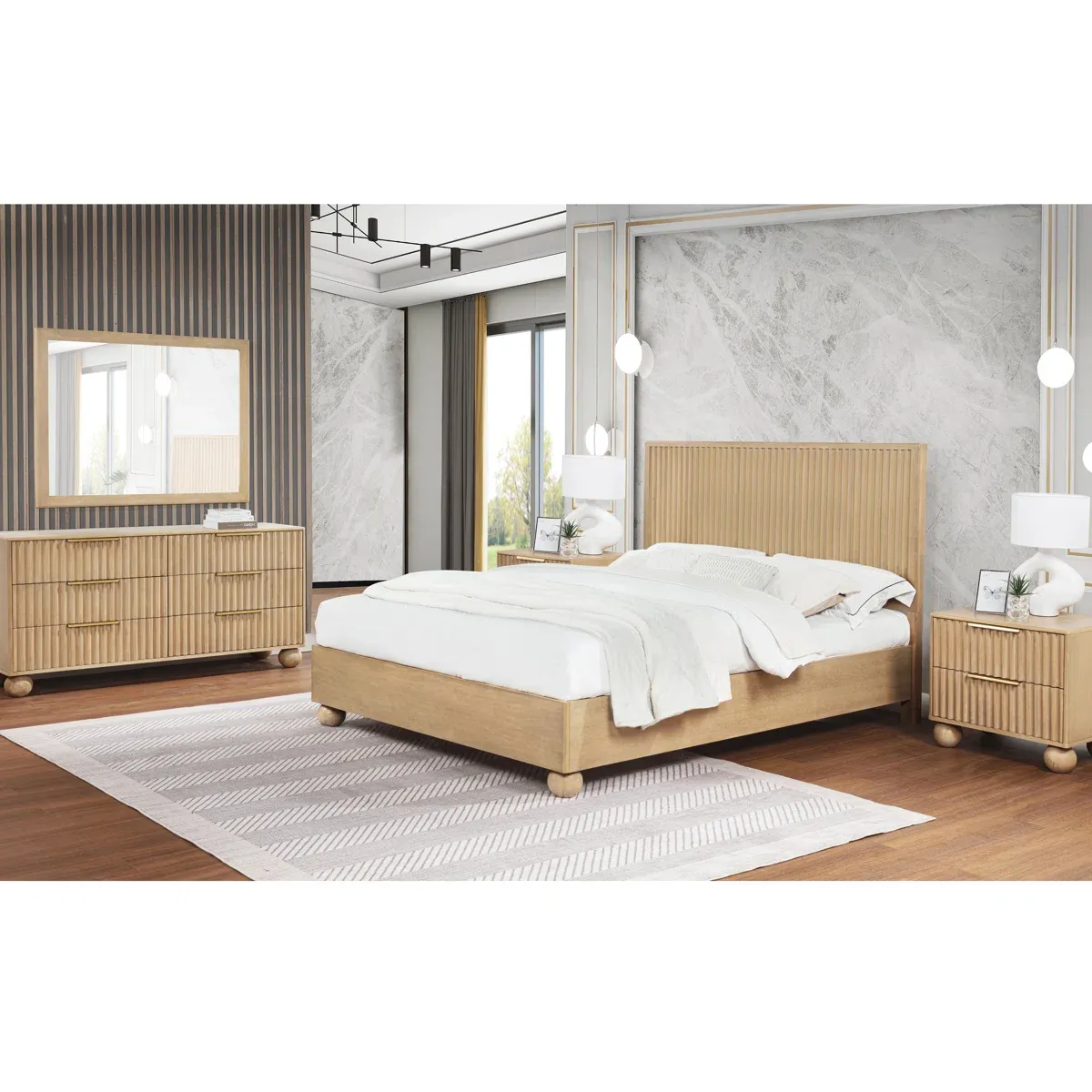 Atlas Light Oak Fluted Platform 5 Pieces Bedroom Set