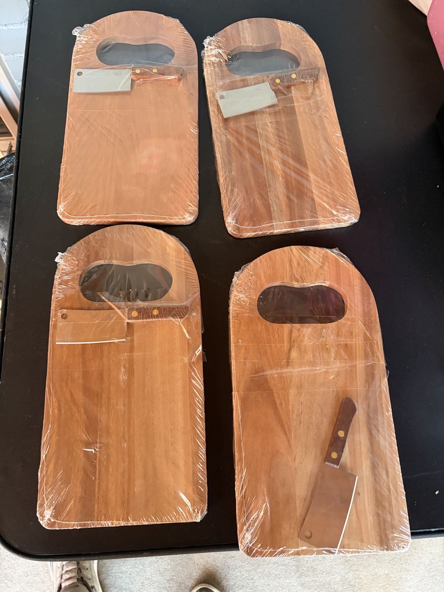 4 New Wooden Cutting Boards with Cleaver Knife Set - Unopened Kitchen Prep
