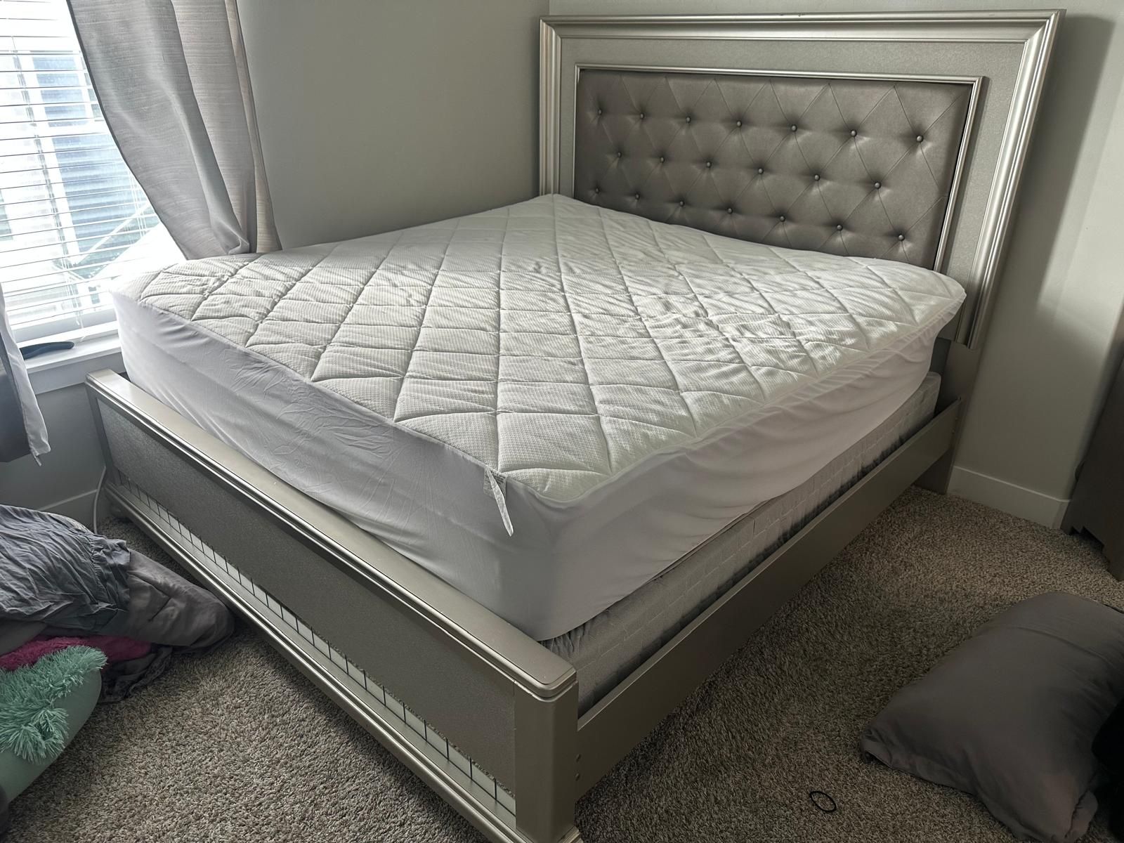 King Tufted headboard bed frame, silver/champagne color w/ two box spring & mattress, 3 drawers small dresser