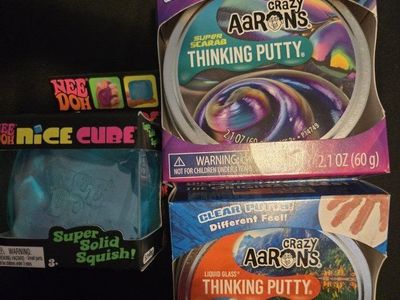NEW- Sealed Crazy Aaron's Thinking Putty (Super Scarab & Liquid Glass) and NeeDoh Nice Cube Set