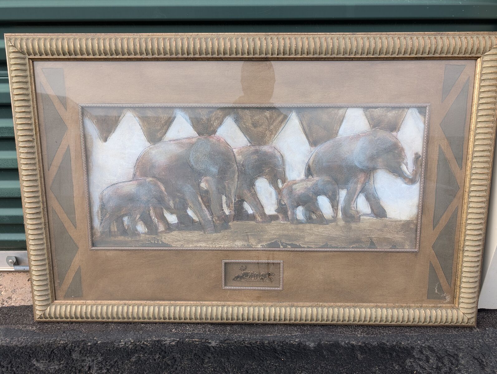Large Framed African Elephant Herd Art with Bronze Relief Plaque