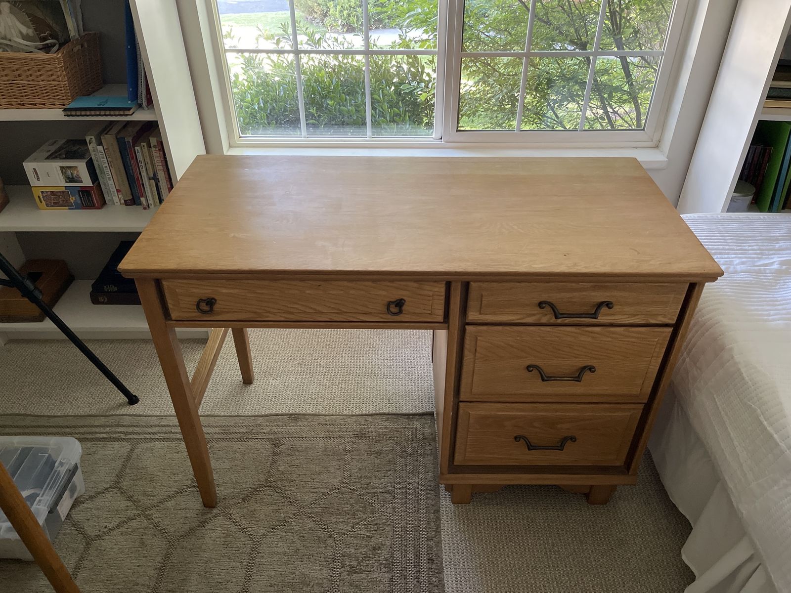 Solid Wood Secretary Desk with 4 Drawers - Light Oak Finish
