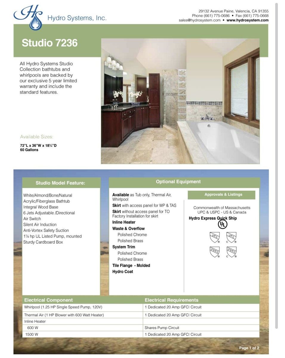HydroSystem 7236 custom soaker bathtub 72x36