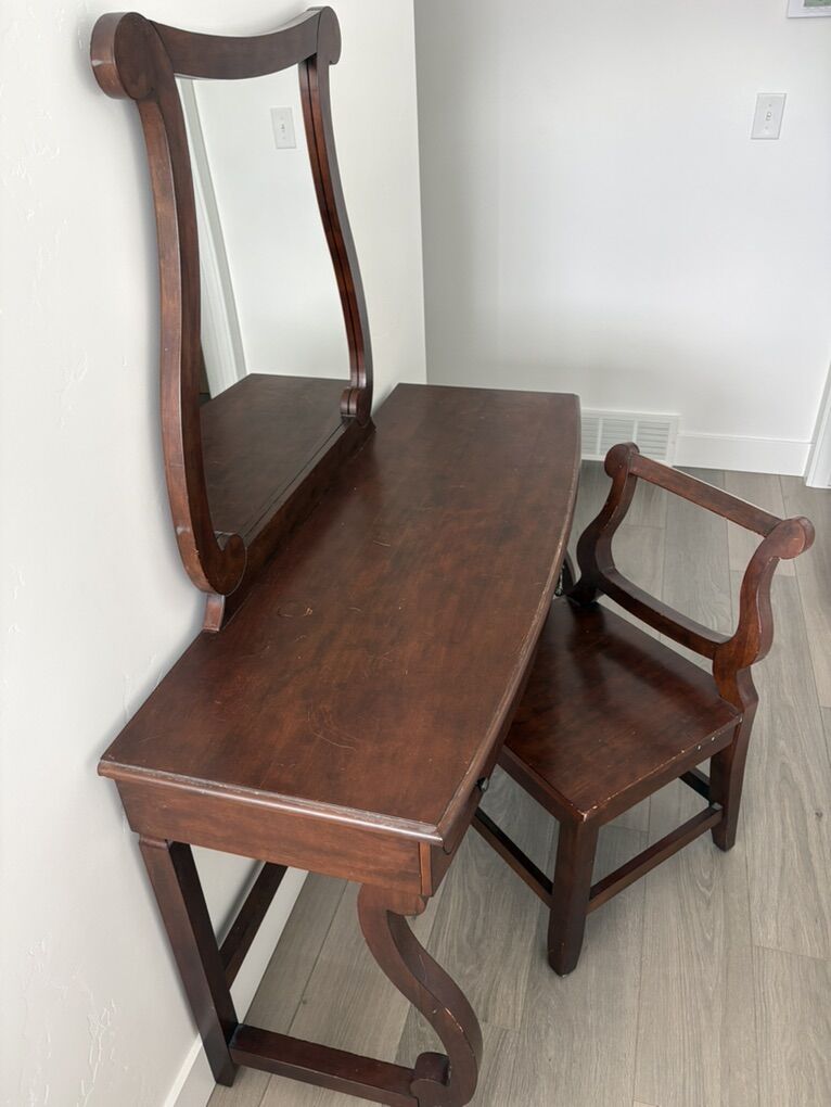Vintage Wood Vanity with Mirror & Matching Chair