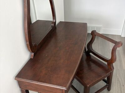Vintage Wood Vanity with Mirror & Matching Chair