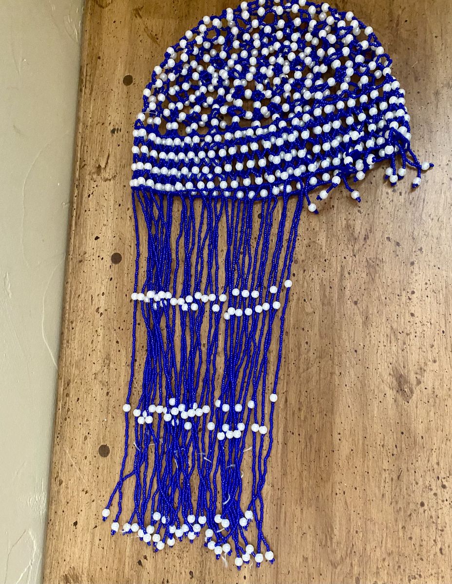Vintage Hand-Beaded Blue & White Head Fringe Piece Hat/Cap - Boho Chic - One A Kind - C PIX