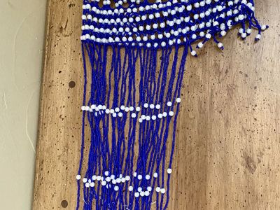 Vintage Hand-Beaded Blue & White Head Fringe Piece Hat/Cap - Boho Chic - One A Kind - C PIX