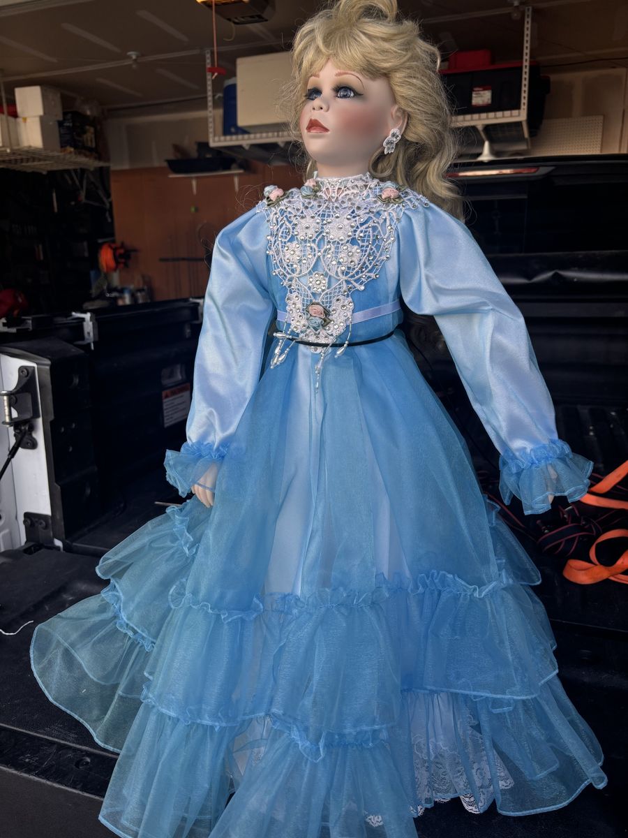 Vintage Porcelain Doll Blue Dress Blonde Hair Collectible Display Doll