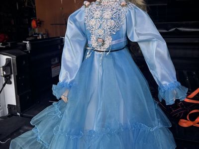 Vintage Porcelain Doll Blue Dress Blonde Hair Collectible Display Doll
