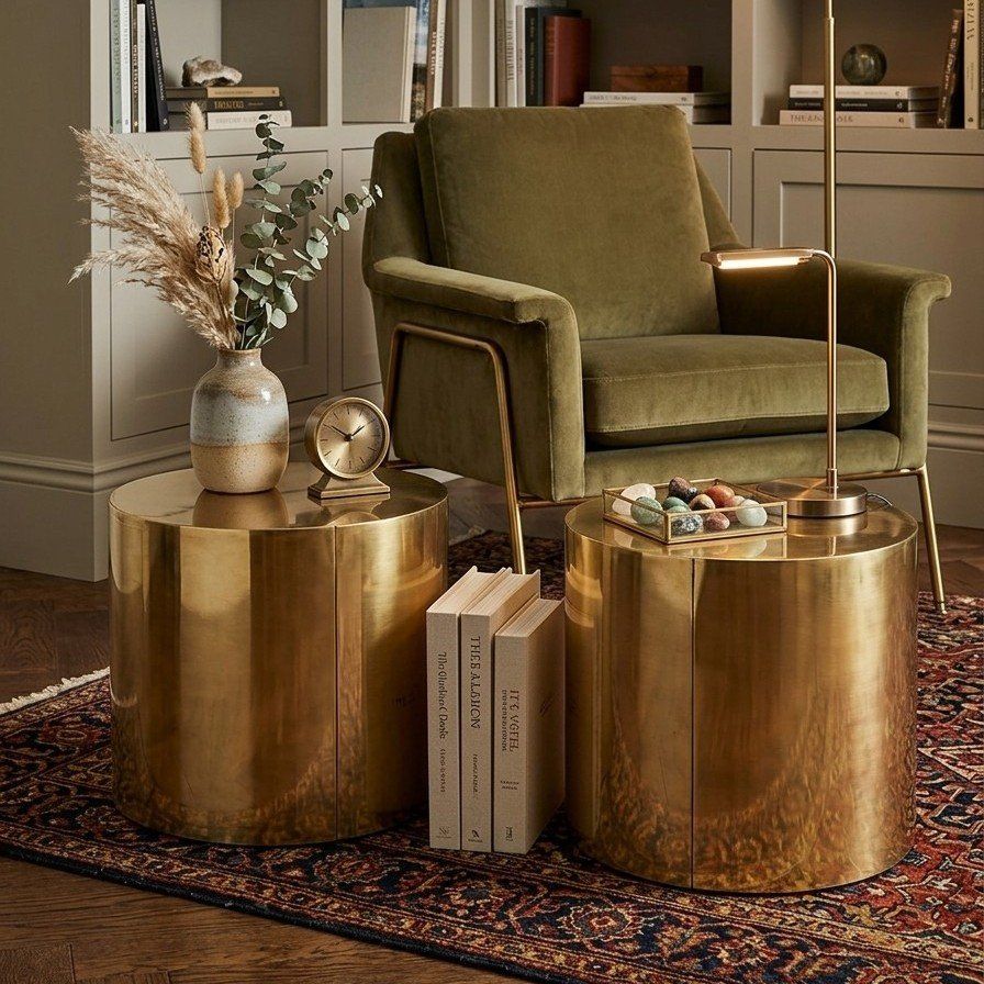 Vintage MCM Curtis Jere Brass Drum End Tables
