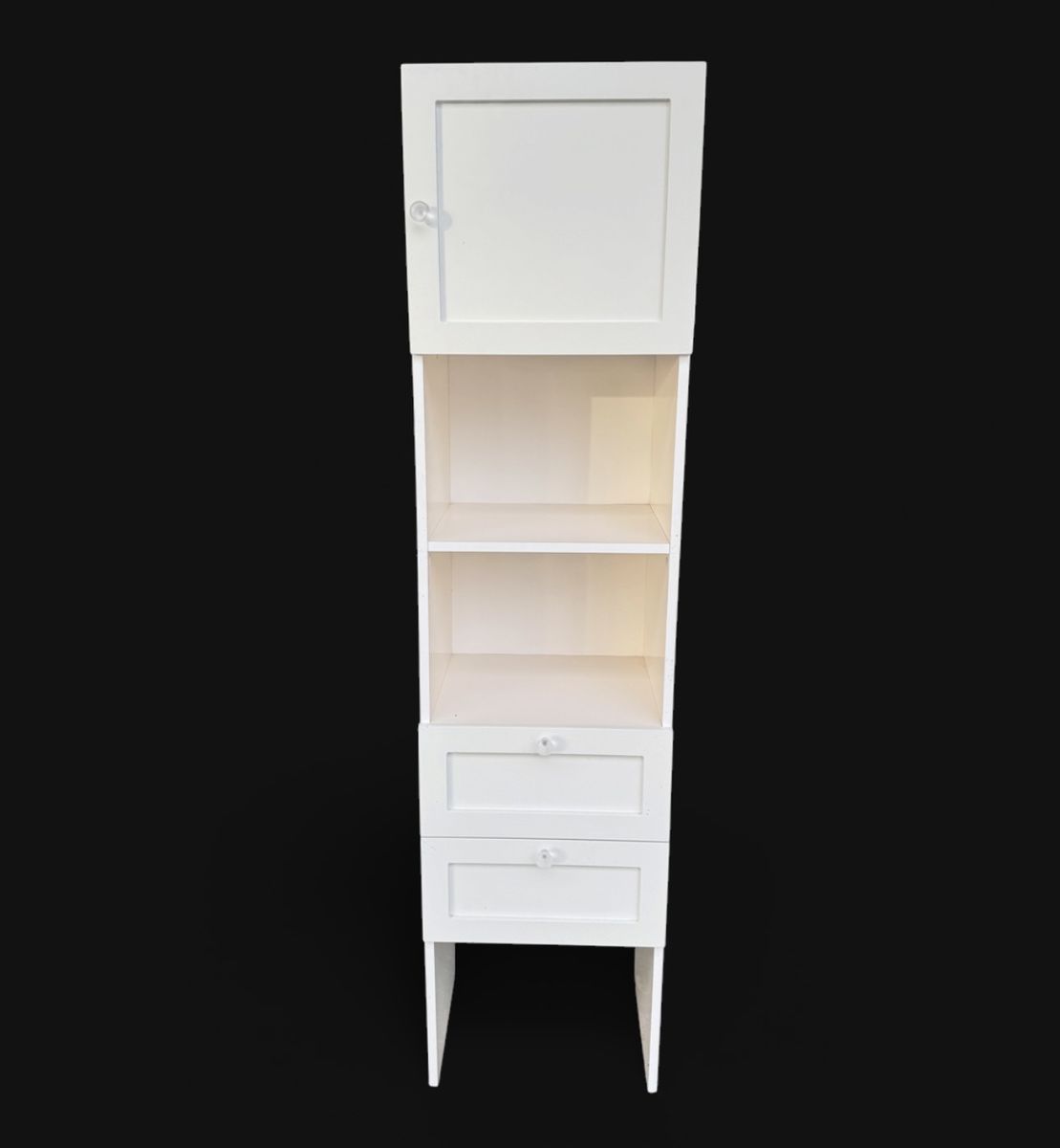 White Tall Storage Cabinet with Open Shelves, Upper Door, and Two Drawers