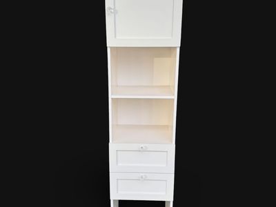 White Tall Storage Cabinet with Open Shelves, Upper Door, and Two Drawers