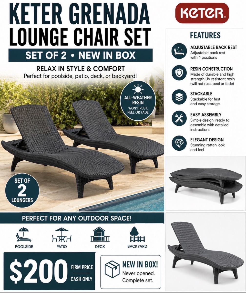 Keter Grenada All-Weather Resin Wicker Adjustable Stackable Outdoor Lounge Chair Set (Set of 2)