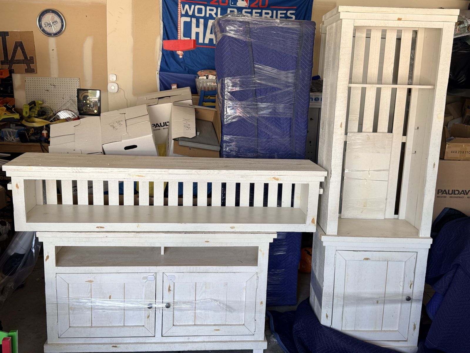 Rustic White Distressed Entertainment Center & Storage Cabinet Set