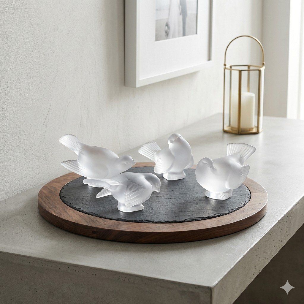 Set of 4 Lalique France Frosted Crystal Birds