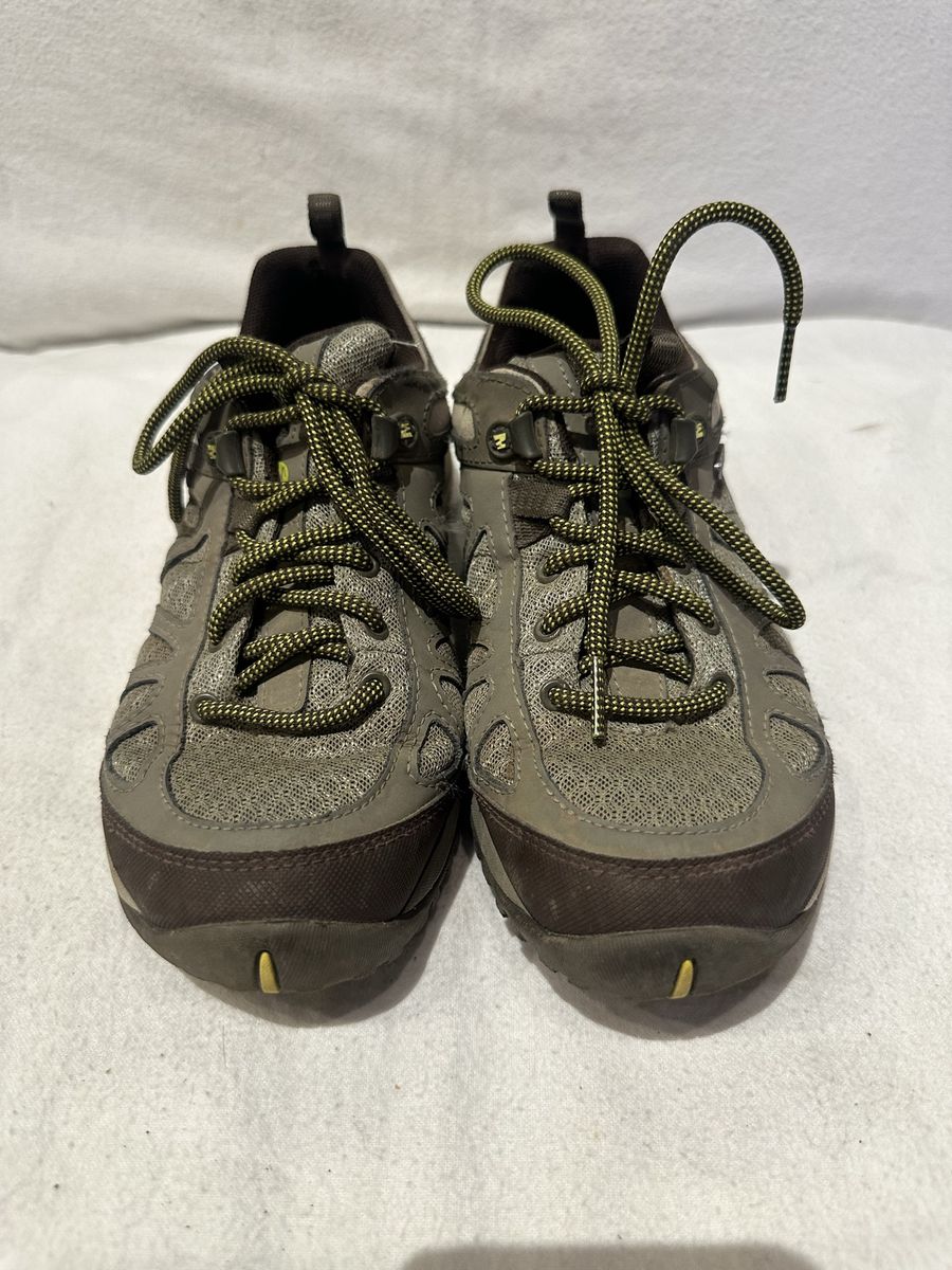 Merrell women’s size 6.5 olive/brown and yellow trim, waterproof hiking shoes